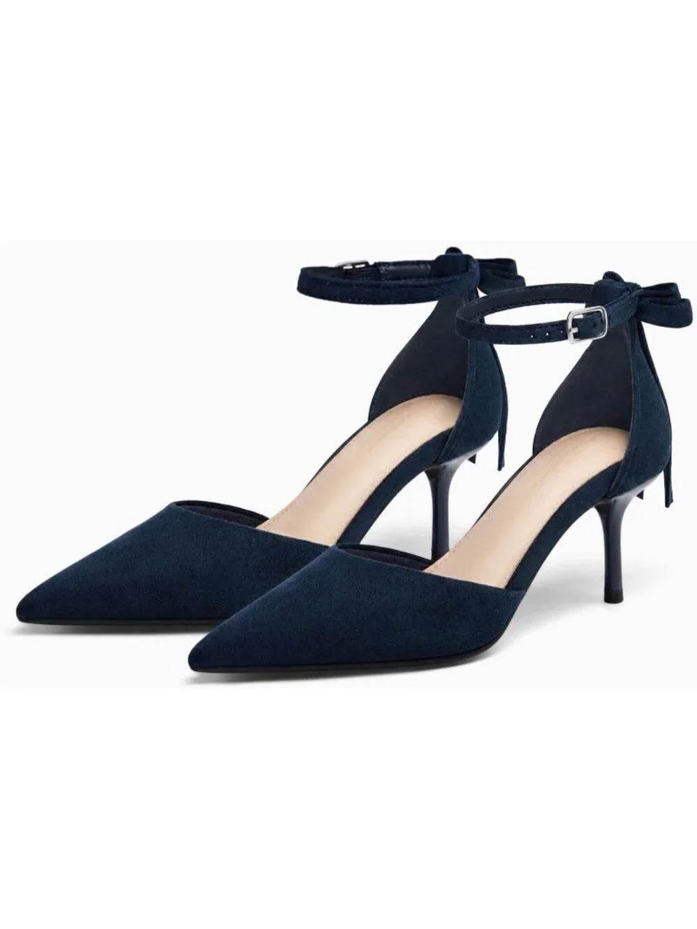 Women's Navy Kitten Low Heels Closed Pointed Toe Pumps Bow Ankle Strap Shoes